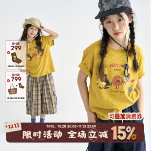 OLAMIMI夏亲子女童童趣动物涂鸦印花宽松竹节棉休闲百搭短袖T恤
