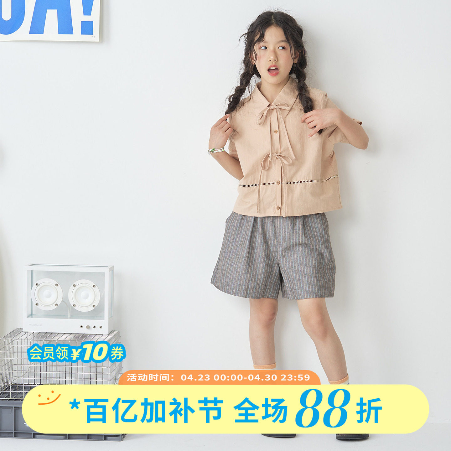 OLAMIMI儿童亲子2026夏甜系少女蝴蝶结绑带镂空短袖翻领衬衫上衣