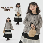 娃娃衫 洋气撞色条纹长袖 2025春亲子森系花边甜美法式 OLAMIMI定制