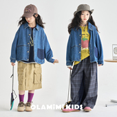 OLAMIMI儿童亲子2026春不规则口袋拼接中性翻领水洗牛仔外套夹克