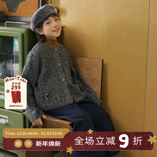 OLAMIMI儿童亲子2025冬复古圆领单排蝴蝶结针织格纹加厚毛衣开衫