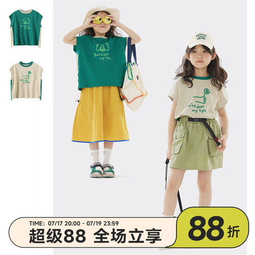 涂鸦短袖t恤拼接甜美圆领