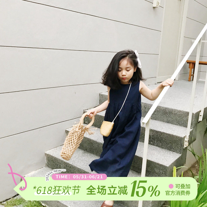 OLAMIMI 夏 森系亚麻小江南风藏青色女童气质无袖长裙连衣裙亲子