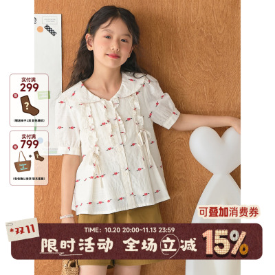 OLAMIMI女童法式娃娃领碎花衬衫