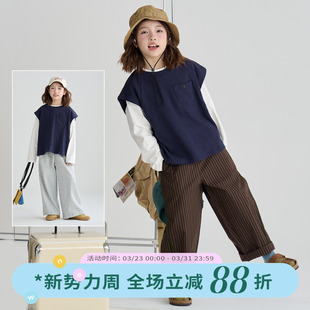 OLAMIMI儿童亲子2026春原创藏青海盐假两件长袖 简约拼色T恤长袖