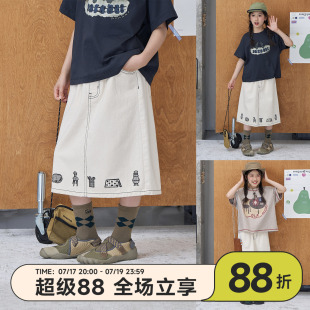 OLAMIMI儿童亲子2026夏原创个性胡桃茶会原胚色刺绣牛仔半身裙