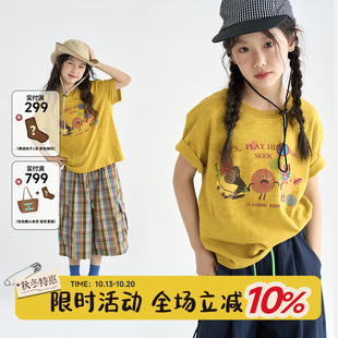 OLAMIMI夏亲子女童童趣动物涂鸦印花宽松竹节棉休闲百搭短袖T恤