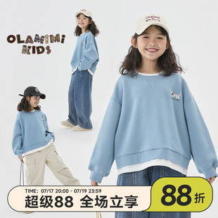 OLAMIMI定制2025春 亲子中性假两件拼接宽松休闲刺绣小狗长袖卫衣