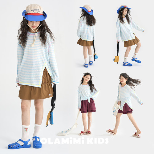 OLAMIMI女童防晒蓝白条纹T恤