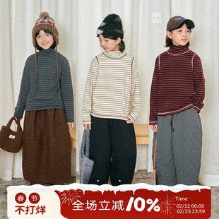 OLAMIMI儿童亲子2025冬三色德绒撞色明线高领条纹打底衫保暖t恤