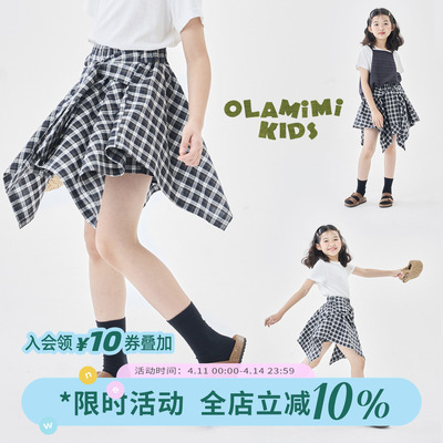 假两件格纹不规则绑袖拼接短裤裙