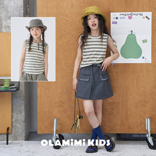 OLAMIMI女童夏季休闲条纹背心T