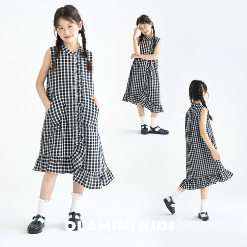OLAMIMI女童黑白格纹荷叶边连衣