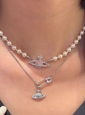 粉钻土星珍珠项链粉色星球吊坠女锁骨链可叠戴百搭款