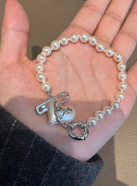 精工爱心别针珍珠手链金色银色桃心耳钉小众时髦手饰耳饰