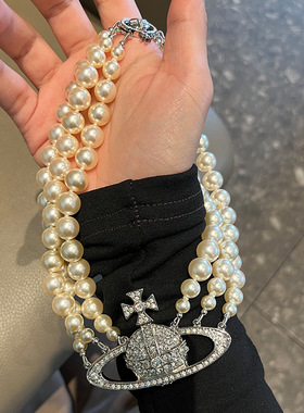 三层土星珍珠项链复古夸张满钻大土星锁骨链妍珍同款choker