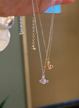 23新款精工925银爱心土星项链mini款紫色金色爱心钻设计感