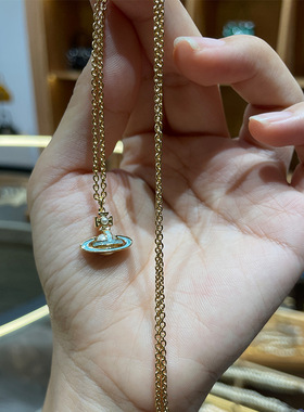 珐琅土星链条项链蓝色珐琅平面鎏金星球锁骨链叠戴