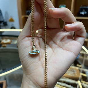 珐琅土星链条项链蓝色珐琅平面鎏金星球锁骨链叠戴