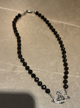 黑玛瑙闪钻土星项链黑色choke小众欧美锁骨链