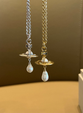 飞行士巴洛克异形水滴珍珠项链精工立体土星吊坠颈链