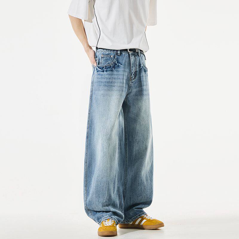 美式复古重磅水洗做旧vintage宽松牛仔裤男宽松阔腿弯刀裤子男潮