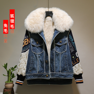 拼接工装复古牛仔派克服女加厚秋冬款百搭ins港风加绒做旧外套女