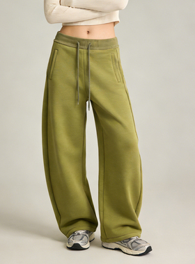 加绒加厚弯刀裤女25冬季新款抽绳运动香蕉裤绿色休闲阔腿裤卫裤