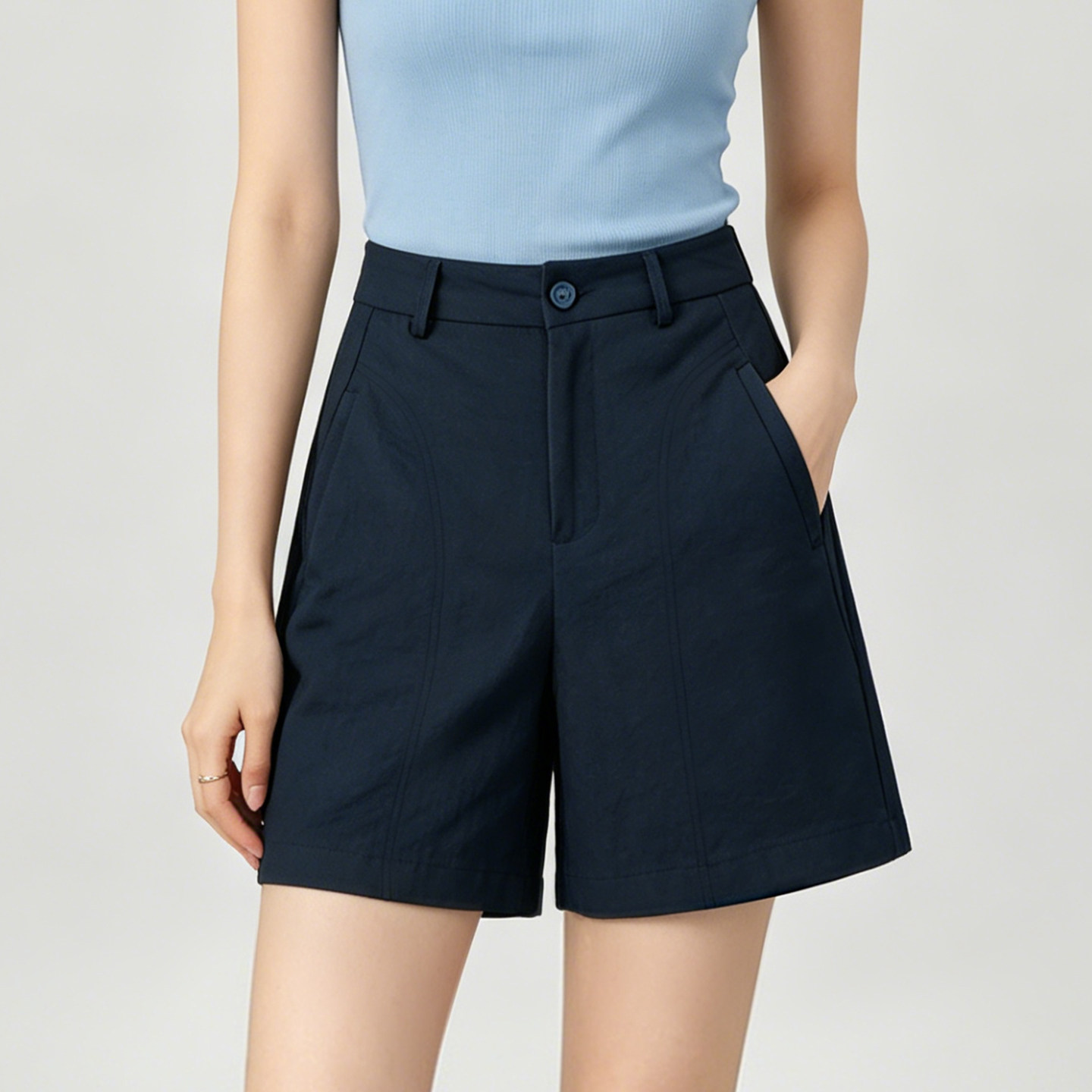 藏青色五分裤女夏季直筒阔腿中裤图片