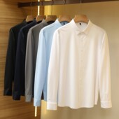 秋季 男士 新款 抗皱高弹力 纯色休闲商务长袖 衬衫 修身 丝滑透气衬衣