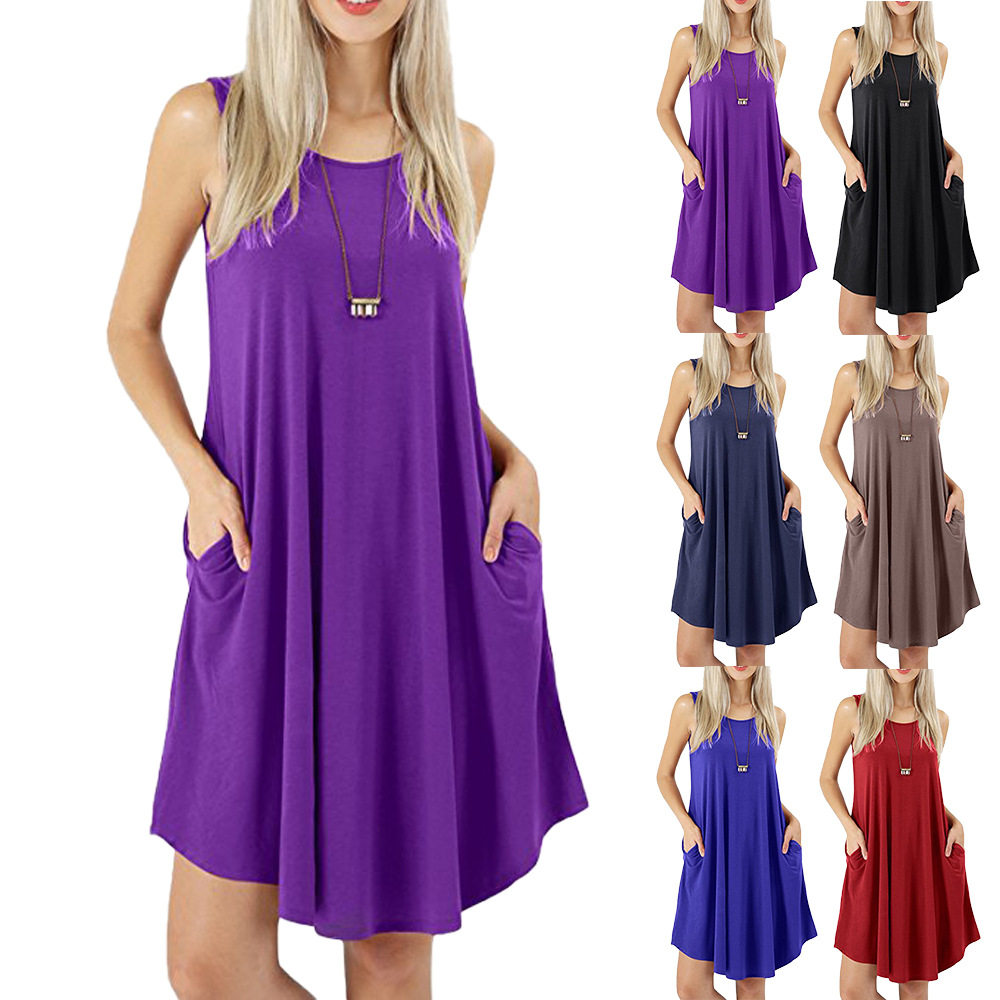 Sleeveless pocket casual vest T-shirt large swing dress 长裙