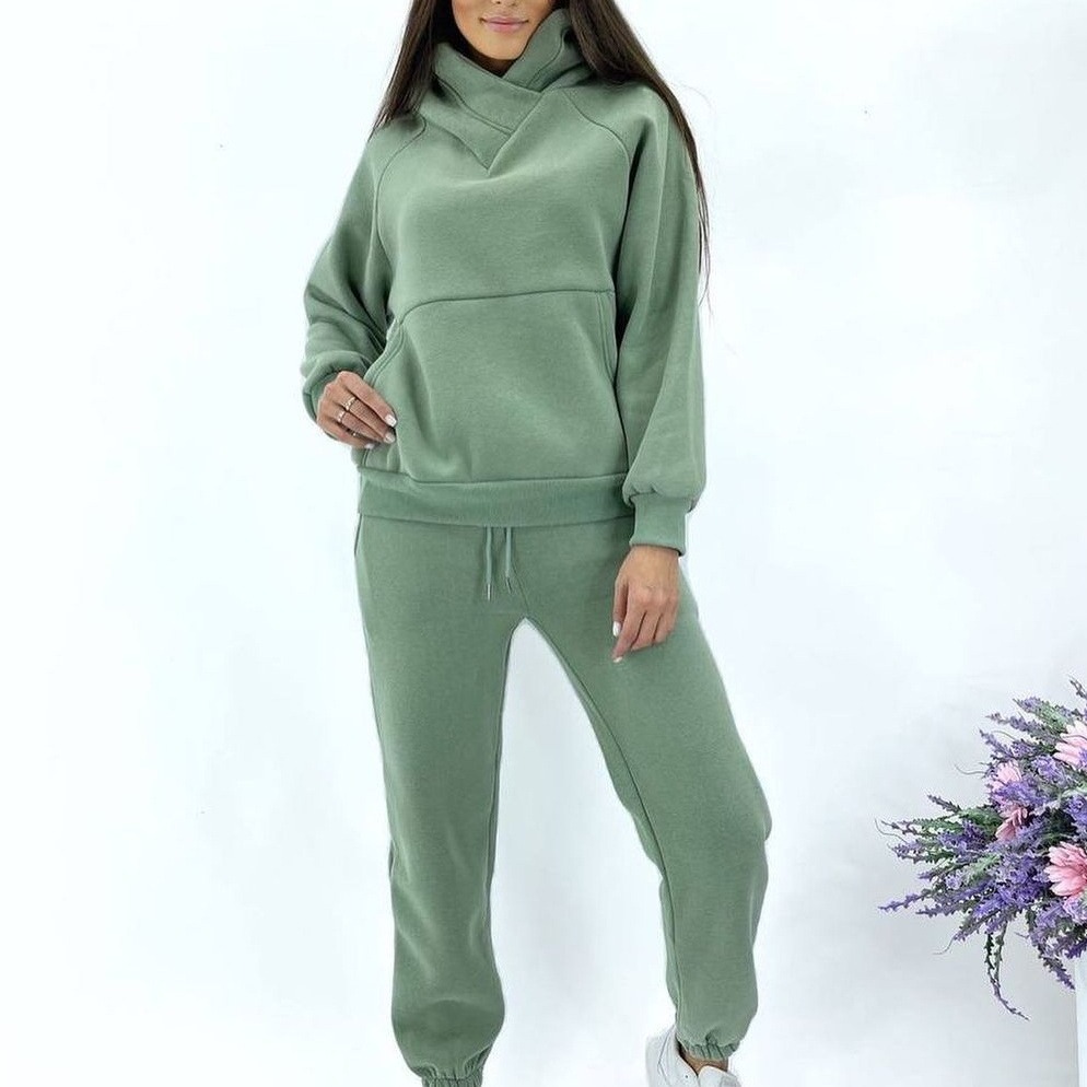 Women's hooded loose casual top fleece sweatshirt sports set