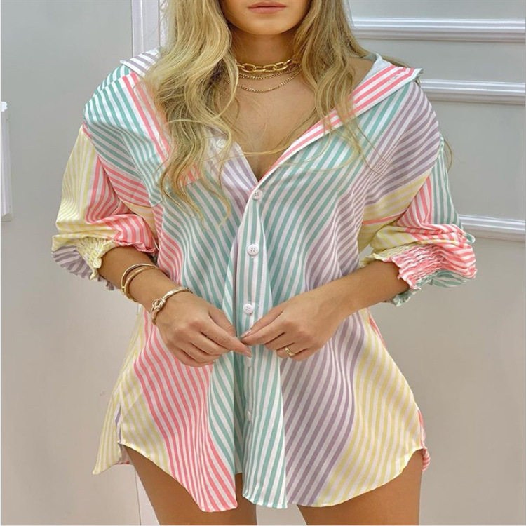 Long sleeved drawstring V-neck button striped shirt dress 裙