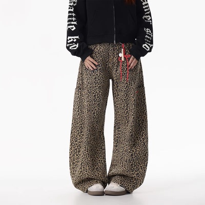 BKID 原创美式复古豹纹工装牛仔裤女秋季宽松高腰辣妹阔腿裤子