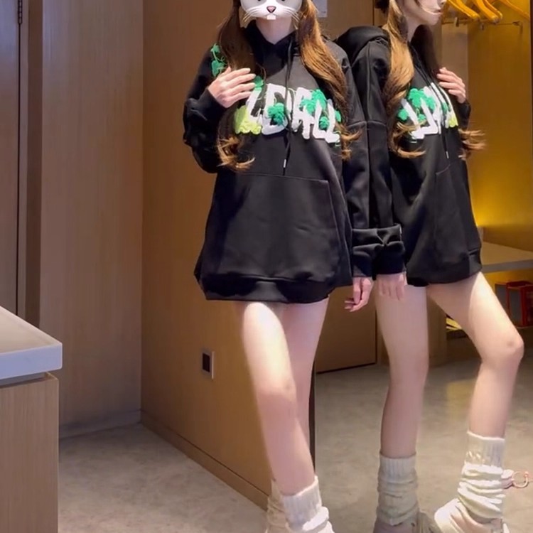 美式复古贴布毛巾刺绣连帽卫衣女秋季薄款潮牌宽松设计感小众上衣