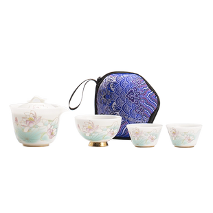 唐舍国风冰种玉瓷荷花快客杯一壶三杯旅行茶具套装户外便携泡茶壶