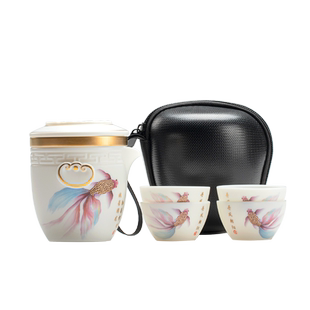 唐舍 丹凤金鱼旅行茶具套装羊脂玉瓷快客杯一壶四杯便携式泡茶壶