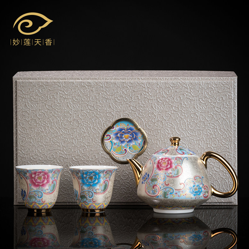妙莲天香高档羊脂玉瓷珐琅彩茶具套装中式陶瓷茶具茶壶茶杯送礼,餐饮具,功夫茶具,淘宝优惠券,粉丝福利购,淘宝优惠卷
