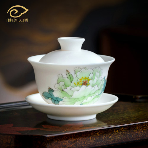 大师手绘《玉笑珠香》三才盖碗