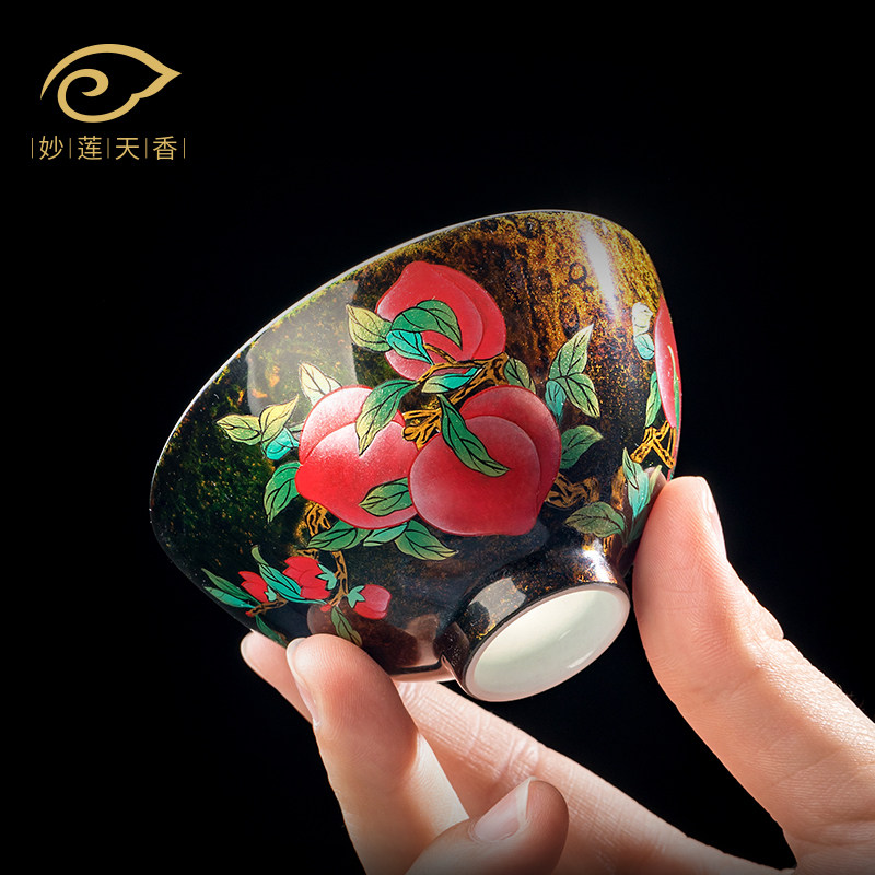 妙莲天香林剑军老师手绘寿桃大漆鸡心杯高档个人专用主人杯茶杯,餐饮具,茶杯,淘宝优惠券,粉丝福利购,淘宝优惠卷