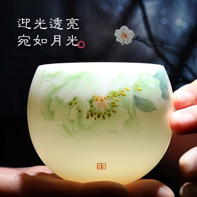 大师手绘羊脂玉瓷中式主人品茗杯