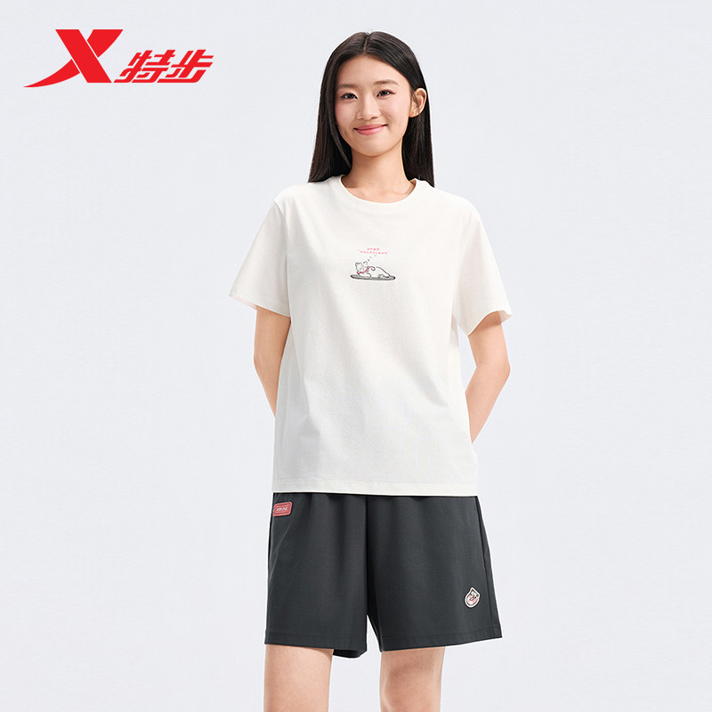 特步圆领T恤女2026年夏季新款动物图案运动休闲短袖974228010134