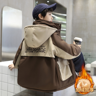 男童加绒加厚外套秋冬款2026新款洋气儿童冬装连帽防水派克服潮牌