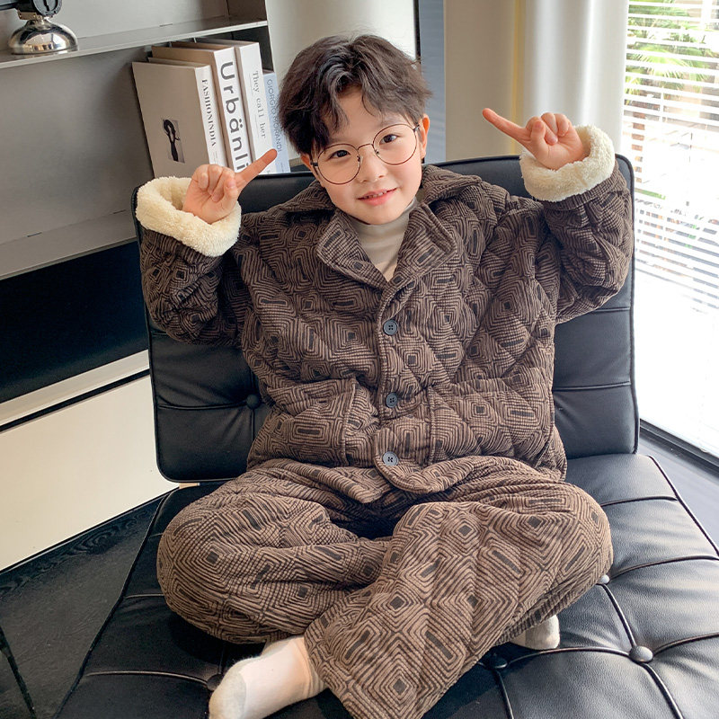 男童加绒保暖睡衣秋冬款2026新款儿童男孩冬装夹棉加厚家居服套装