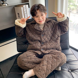 男童加绒保暖睡衣秋冬款2026新款儿童男孩冬装夹棉加厚家居服套装