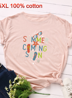 Wish 新品春季SUMMER创意印花欧美纯棉t恤女圆领宽松短袖上衣