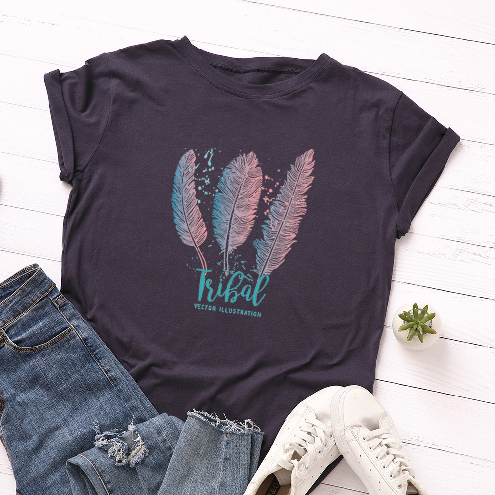 欧美女装Women T-shirt宽松大码纯棉羽毛宽松短袖t恤女上衣F23