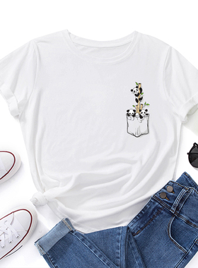 欧美女装Women T-shirt纯棉宽松薄款短袖圆领t恤女 可爱熊猫