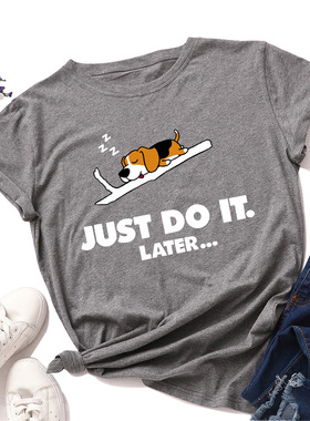 现货欧美女装Women T-shirt宽松狗just do it薄款纯棉短袖T恤女