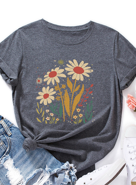 欧美女装Women T-shirt纯棉宽松薄款短袖圆领t恤女植物花卉